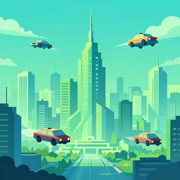 soviet city futuristic landscape with flying cars in vector style with low-poly-shades in saturated green and blue shades