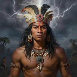 digital painting of tupan, tupi guarani god of thunder, by filipe pagliuso and justin gerard, fantasy, highly detailed, realistic, intricate, portrait