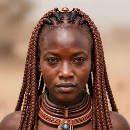 black african emma watson symmetrical himba portrait close - up, cornrows braids, dusty background, intricate, elegant, highly detailed, artstation, concept art, sharp focus, illustration, aleksi briclot, alphonse mucha