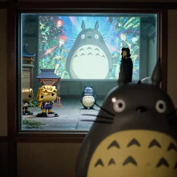 fuji 5 0 r, 3 5 mm, hyperrealism ; closeup totoro film still of courtyard interior with window view ; in the background projection of beautiful matrix film still of seinen manga gold funko pop sentinel statue scene ; style of 1 9 9 0 frontier in extreme closeup porcelain photography magazine architectural studio edition, highly detailed, cinematic lighting, 8 k