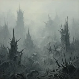 pleasing misty palette. intricate sharp spikes riddle this puzzling landscape, it's too detailed, too dense, too much profound density, oppressively detailed, painterly fantasia ( 1 9 4 1 )