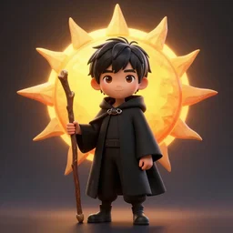 kid wearing black cloak holding stick - 3 d vfx art - of the sun, art style by james jean & hsiao - ron cheng, character concept art, unreal engine render, digital illustration, sharp, intricate detail, volumetric light, ray tracing, soft light, symmetric, pinterest, artstation, behance,