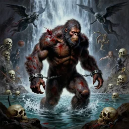 shackled in styx river of the underworld, frank frank frazetta and cgsociety, stunning sasquatch, blood splatters, charlie bowater and tom bagshaw, insanely detailed, deviantart, space art, atoms surrounded by skulls, death, and spirits flying, water fall, horror, sci - fi, surrealist painting, by peter mohrbacher