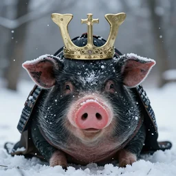 samurai pig face wearing crown, winter, snow, depressed, dark