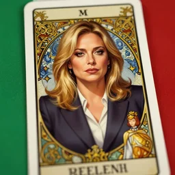 giorgia meloni, blonde hair, wearing a suit, tarot card, deep focus, d & d, fantasy, intricate, elegant, highly detailed, digital painting, artstation, concept art, matte, sharp focus, italian flag, illustration, hearthstone, art by artgerm and greg rutkowski and alphonse mucha