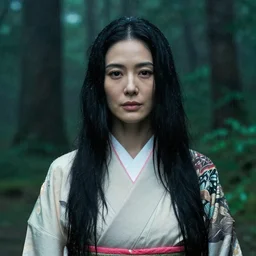 a cinematic headshot portrait of woman, forest background,!! dappled light!!, raining, long black hair, kimono, princess mononoke, 4 k, annie leibovitz, high detail, dramatic lighting, afternoon, hayao miyazaki, masashi ando, nizou yamamoto, kazuo oga, joe hisaishi, yoji takeshige, naoya tanaka