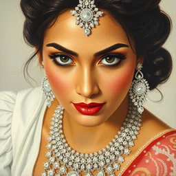 clothed in blouse, tiara, necklace, earrings. close - up face portrait painting of a bollywood princess, by boris vallejo. white and silver.