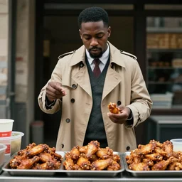 drug dealer in a trenchcoat selling chicken wings