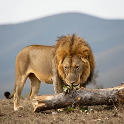 a lion on a mountain eating a tree trunk