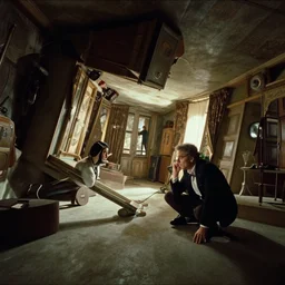 inside the upside down house, film still from the movie directed by denis villeneuve and david cronenberg, with art direction by salvador dali, wide lens