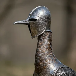 long - necked avian wearing a medieval full - coverage metal helmet with intricate floral detail