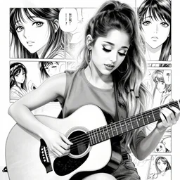 Ariana Grande playing acoustic guitar, black and white manga, highly detailed, beauty, art by Kentaro Miura