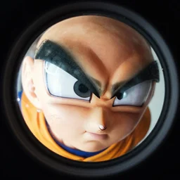 fish eye lens close up photograph of a dragon ball character eyeing the camera with a sympathetic look