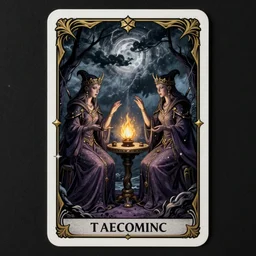 a tarot card of a two female necromancers casting spells, ominous nighttime storm, fantasy, d & d, intricate, elegant, highly detailed, digital painting, artstation, concept art, matte, sharp focus, illustration