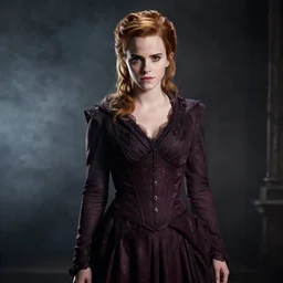 Bellatrix Lestrange cosplay by Emma Watson, 8k, professional photography, cinematic studio shot, dark, smoke