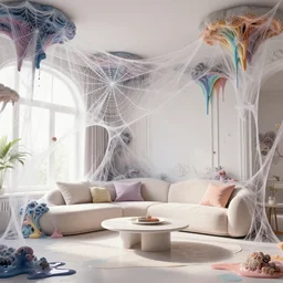 a modern indoor room covered with insanely detailed spiderweb and mycelia, splahing colorfull liquid oilpaint drips, clean architecture, pastel colored, baroque, a couch, a couch table, daylight, peaceful, 8 k, octane render