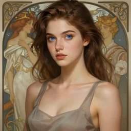 girl with blue eyes and brown hair wearing a low-cut tanktop, elegant, highly detailed, digital painting, artstation, concept art, smooth, sharp focus, illustration, art by artgerm and alphonse mucha
