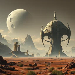 landscape concept art of a large alien structure on a wasteland exoplanet, celestial cosmic lovecraftian horror by bruce brenneise and peter mohrbacher, ancient ruins in background, large exoplanet in the sky, alien planet with craters and large structures, 3 d render, neosurrealism. digital concept art, pixel art, rendered in octane, trending on cgsociety, trending on artstation