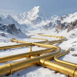 landscape, gold pipelines, snowy mountains. gold pipes. fantasy, digital painting, hd, detailed.