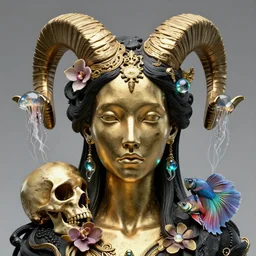 goddess princess face close-up portrait ram skull. sculpture made of polished gold and matte black stone and glass. jellyfish phoenix head, nautilus, orchid, skull, betta fish, bioluminiscent creatures, intricate artwork by Tooth Wu and wlop and beeple. octane render, trending on artstation, greg rutkowski very coherent symmetrical artwork. cinematic, hyper realism, high detail, octane render, 8k