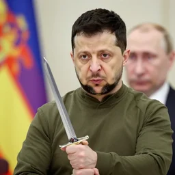 zelenskyy defeat putin with sword, hyper - realistic, sharp focus, depth of field, hyper - detailed visionary art, symmetric, hell, holy halo, dramatic ambient lighting, high detail, vibrant colors,
