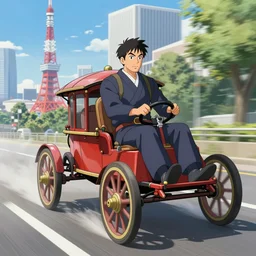 a man in a chariot in tokyo, driving fast, drawn like the anime speed racer