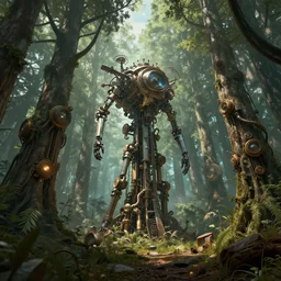 a forest of mechanical trees, steampunk, 8 k, unreal engine, trending on artstation,