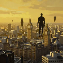 cyberpunk, human silouettes flying over london, atmospheric lighting, painted, intricate, golden hour, ultra detailed by peter gric, giger, enki bilal