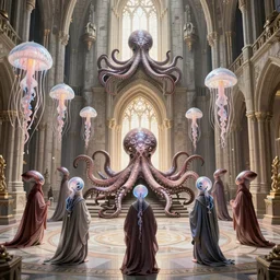 group of mankind mages with octopus heads with jellyfish inside an ancient mage castle hall colossal scale, gothic and baroque, brutalist architecture, ultradetailed, Intricate by James Jean and Josan Gonzalez and John Howe and Giuseppe Arcimboldo