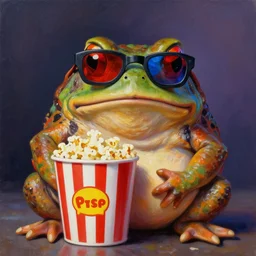hyper realistic oil painting of chubby toad wearing watching movie with bucket of popcorn, vibrant colors, red - blue anaglyph glasses, high contrast, by greg rutkowski, trending on artstation, animal caricaturist