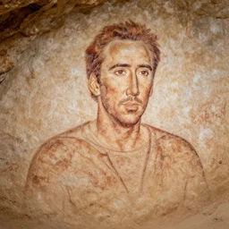 ancient cave drawings discovered depicting nicolas cage. archaeological discovery, dslr photograph, high resolution, intricate details, photorealistic.