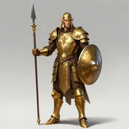 character design of a male elf hoplite warrior wearing golden armor, holding a spear in one hand and a round shield in the other hand, character concept art, trending on artstation, hd, hq, ultra details