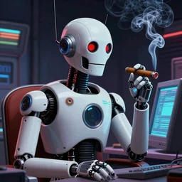 An android smoking a cigar in a cyberpunk setting by Evgeny Lushpin, Trending on Artstation, 1980s Computer Graphics