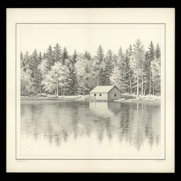 hut retreat on forested lake, neorennaissance drawing on silk sheet, tripled fine lines, sense of supreme calm
