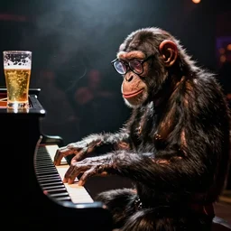 photo of chimpanzee wearing glasses and playing the piano on stage in the spotlight at a smoky nightclub, glass of beer on the piano, 5 0 mm, beautiful photo