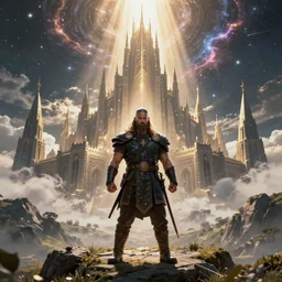 a mighty viking warrior standing in front of a landscape of valhalla, big and structured valhalla city, viking heaven, god rays, inspired by norse mythology, portal to outer space, 4k digital art unreal engine trending on artstation