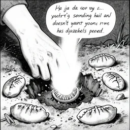 digging up da sorry knish plinth replicas of the eternal worm where lord's sending hail and doesn't want you no more his hand has da jezebels peeved, b + w screentone artwork by gary larson