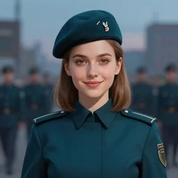 portrait bust of a young woman with shoulder length light brown hair and hazel eyes dressed in a sharp dark teal military uniform and beret, smiling, blurred city background in twilight lighting, ilya kuvshinov, greg rutkowski, guweiz, ross tran, loish, svetlana tigai, artgerm, artstation trending, concept art, digital painting
