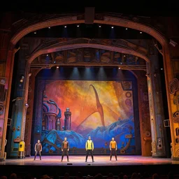 photo of a huge theaterstage, play is star trek tos, 3 actors on stage, 8 k, multicolored, exaggerated detailed, long shot
