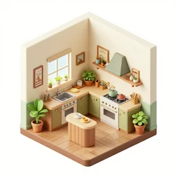 isometric indoor vintage kitchen in a cubic room with victorian pictures on walls and potted plants