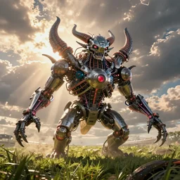 hi - tech synthetic rna bioweapon nanotech demonic monster new world order scheme, cinematic view, epic sky, detailed, concept art, low angle, high detail, warm lighting, volumetric, godrays, vivid, beautiful, trending on artstation, by jordan grimmer, huge scene, grass, art greg rutkowski