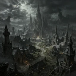 a large fantasy village in darksouls, dark fantasy, digital painting