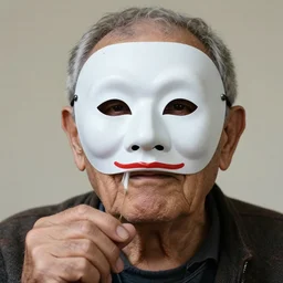 close - up portrait of a wrinkled old man wearing a pulcinella mask holding up a pizza!! to behold, clear eyes looking into camera, baggy clothing and hat, masterpiece photo by peter lindbergh