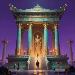 a matte painting of a Modern Atlantis temple of dynasty wang  by Jose Daniel Cabrera Pena and Leonid Kozienko, concept art by Tooth Wu and wlop and beeple and dan mumford and greg rutkowski cinematic, hyper realism, octane render, 8k,  teal and gold blue red white and orange glow in purple detph fog volume light