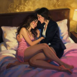 dreamy, atmospheric painting showing olivia munn and woman journalist alex wagner happily entwined in a hotel bed, dramatic gold, pink and blue lighting, sultry, sensual, vargas, elvgren, loish, rhads, beeple, gta v, makoto shinkai, lois van baarle, blade runner!