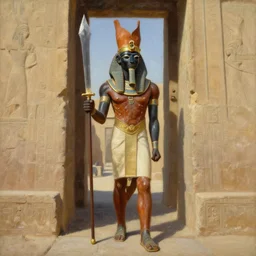 oil - painting portrait of ancient nubian temple guard, armed with a long curved sword, dressed in leather and robes, standing guard of an old egyptian temple gate, art by craig mullins and anders zorn