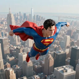 superhero flying above new york city, realistic, highly detailed