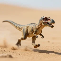 action photography, long shot, award winning macro photo of a tiny ultra detailed sand dinosaur running fast in desert sand, dirt and dust, fast shutter speed, motion blur, tiny gaussian blur, highly detailed, highly intricate, depth of field, national geographic