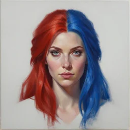 A detailed matte oil on canvas head on symmetrical portrait of a distinguished elven woman with split red hair left and blue hair  on an empty background,  by Charlie bowater, lise deharme, trending on artstationhd,  dungeons and dragons art,  half & half hair, split dye, critical role