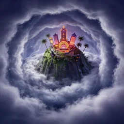 curled perspective digital art of curvy clouds a casino in top of a hill with palmtrees by anton fadeev from nightmare before christmas